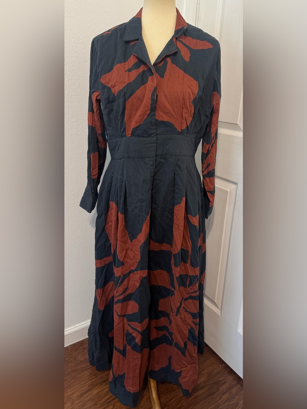 Khara Kapas Black Woods Dress Abstract Print Artsy Fitted Waist Cotton NWT XL